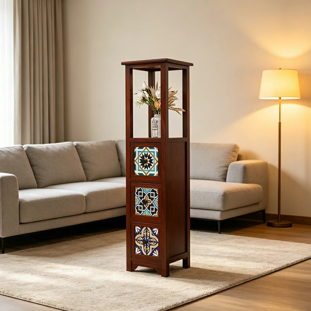 LIVARA Solid Wood Plant Storage Rack Narrow Display Storage with Three Drawers for Living Room Bedroom Entryway - Walnut