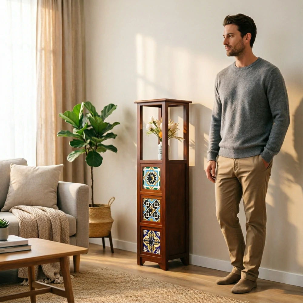 LIVARA Solid Wood Plant Storage Rack Narrow Display Storage with Three Drawers for Living Room Bedroom Entryway - Walnut