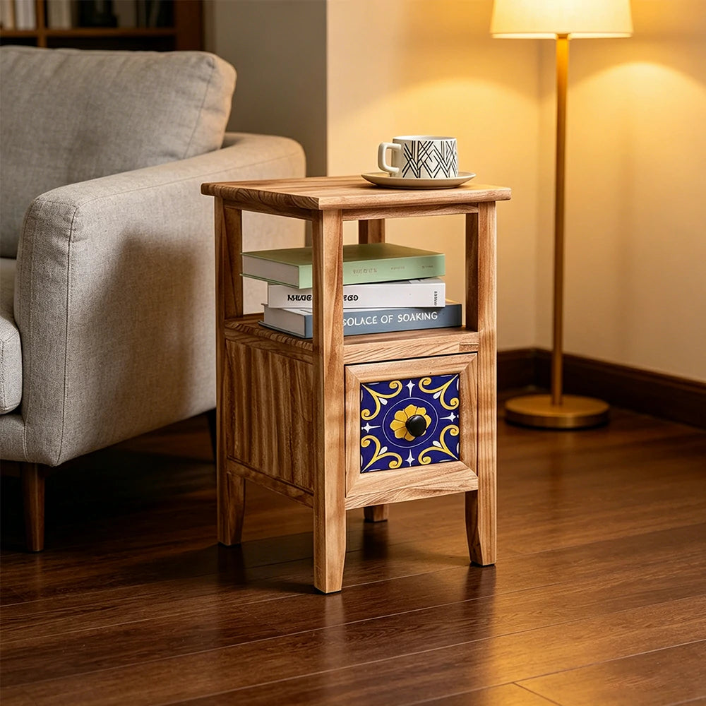 LIVARA Solid Wood Plant Storage Rack Narrow Display Storage with Single Drawer for Living Room Bedroom Entryway - Wood