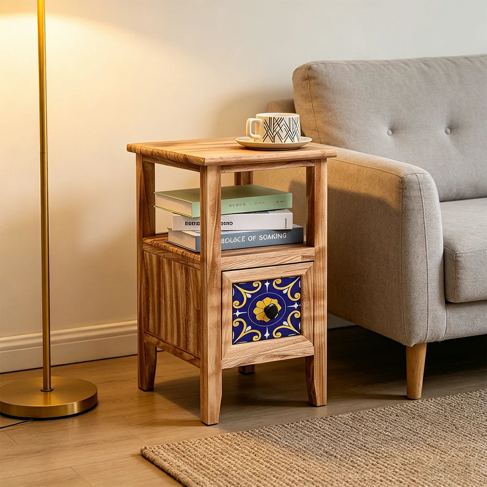 LIVARA Solid Wood Plant Storage Rack Narrow Display Storage with Single Drawer for Living Room Bedroom Entryway - Wood