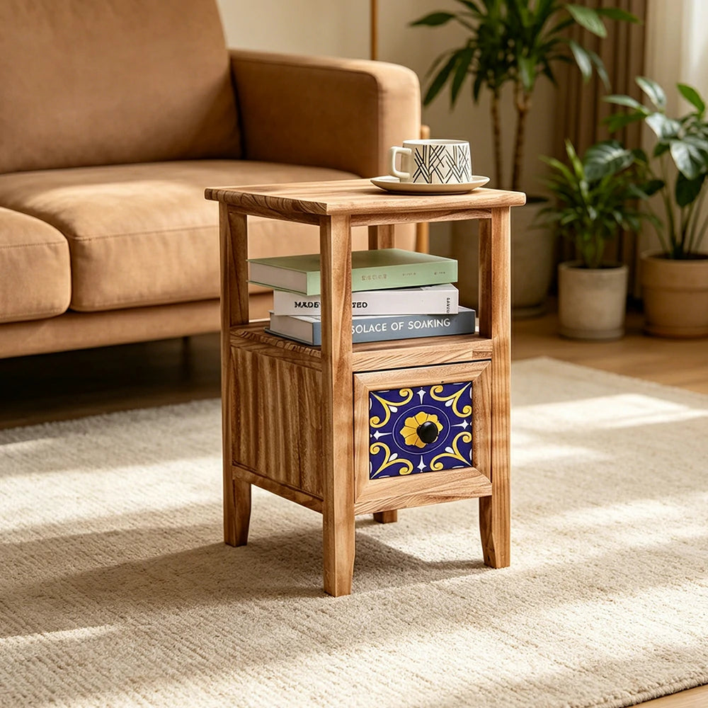 LIVARA Solid Wood Plant Storage Rack Narrow Display Storage with Single Drawer for Living Room Bedroom Entryway - Wood