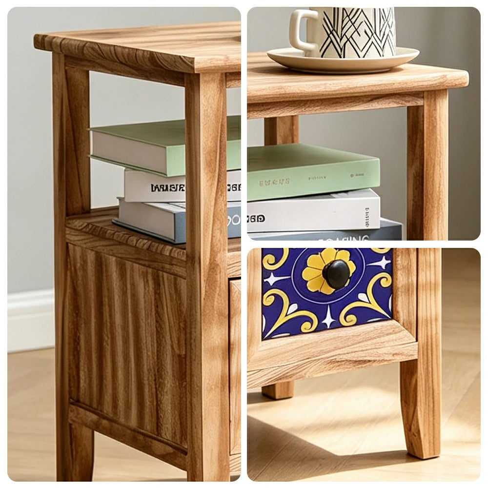 LIVARA Solid Wood Plant Storage Rack Narrow Display Storage with Single Drawer for Living Room Bedroom Entryway - Wood