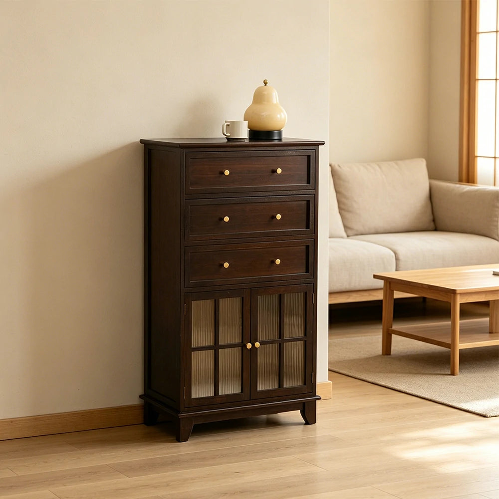 LIVARA Solid Wood Multi-Layer Storage Cabinet with Drawers and Fluted Glass Doors for Living Room Dining Entryway - Walnut