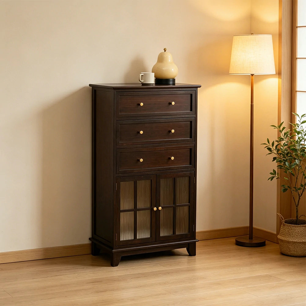 LIVARA Solid Wood Multi-Layer Storage Cabinet with Drawers and Fluted Glass Doors for Living Room Dining Entryway - Walnut
