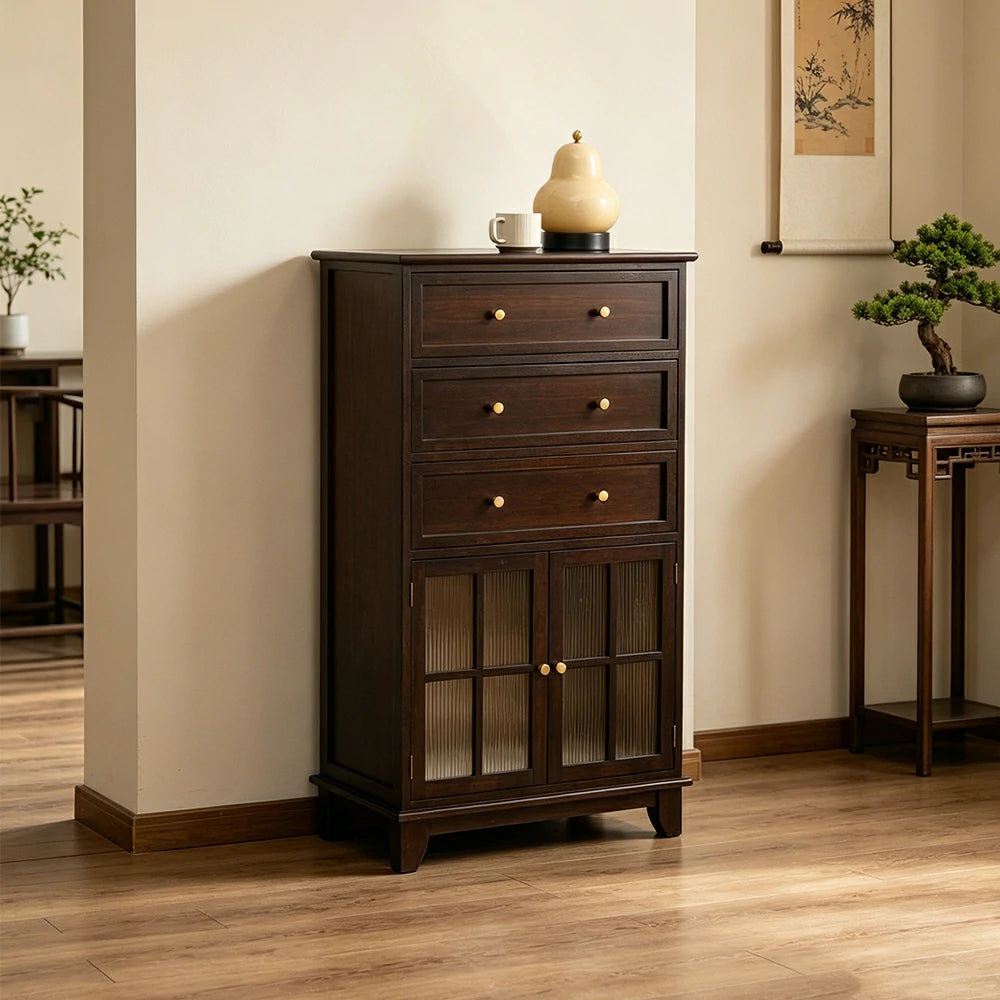 LIVARA Solid Wood Multi-Layer Storage Cabinet with Drawers and Fluted Glass Doors for Living Room Dining Entryway - Walnut