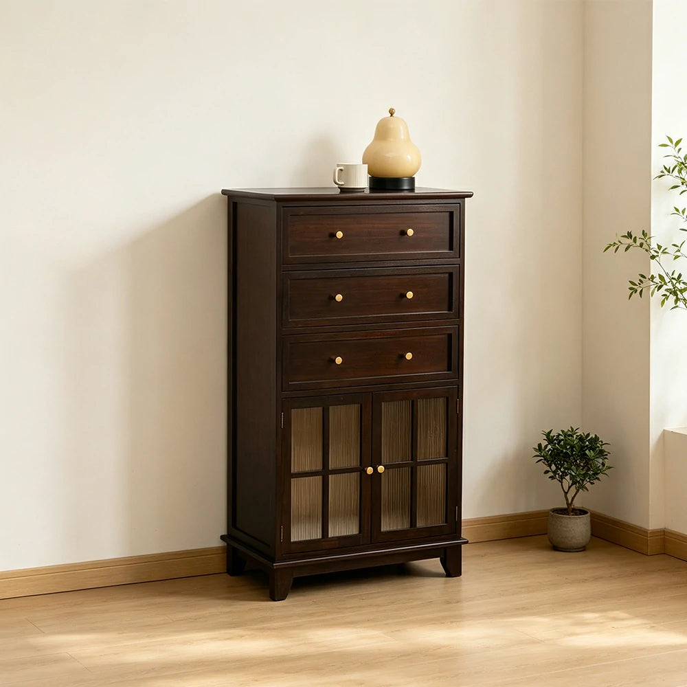 LIVARA Solid Wood Multi-Layer Storage Cabinet with Drawers and Fluted Glass Doors for Living Room Dining Entryway - Walnut