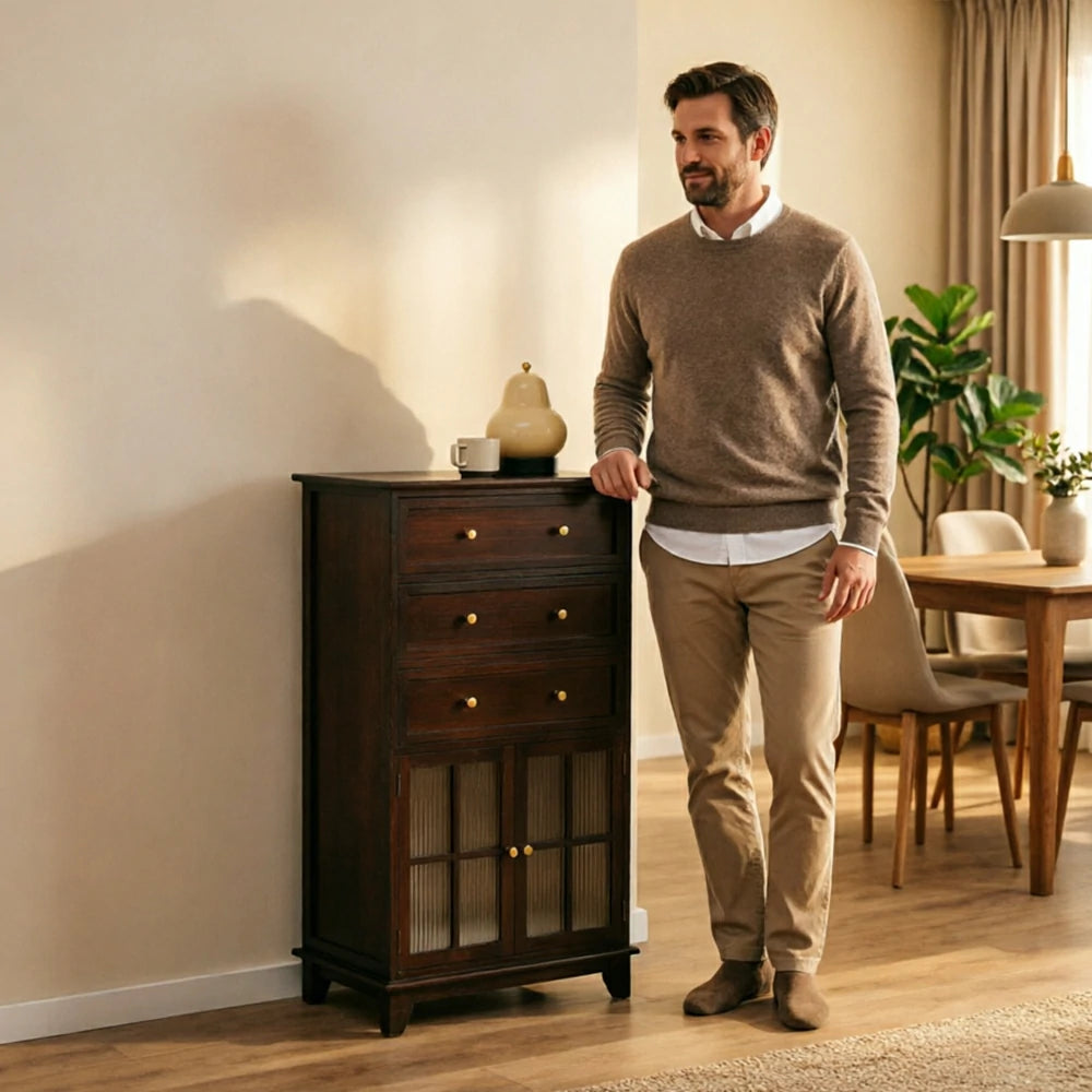 LIVARA Solid Wood Multi-Layer Storage Cabinet with Drawers and Fluted Glass Doors for Living Room Dining Entryway - Walnut