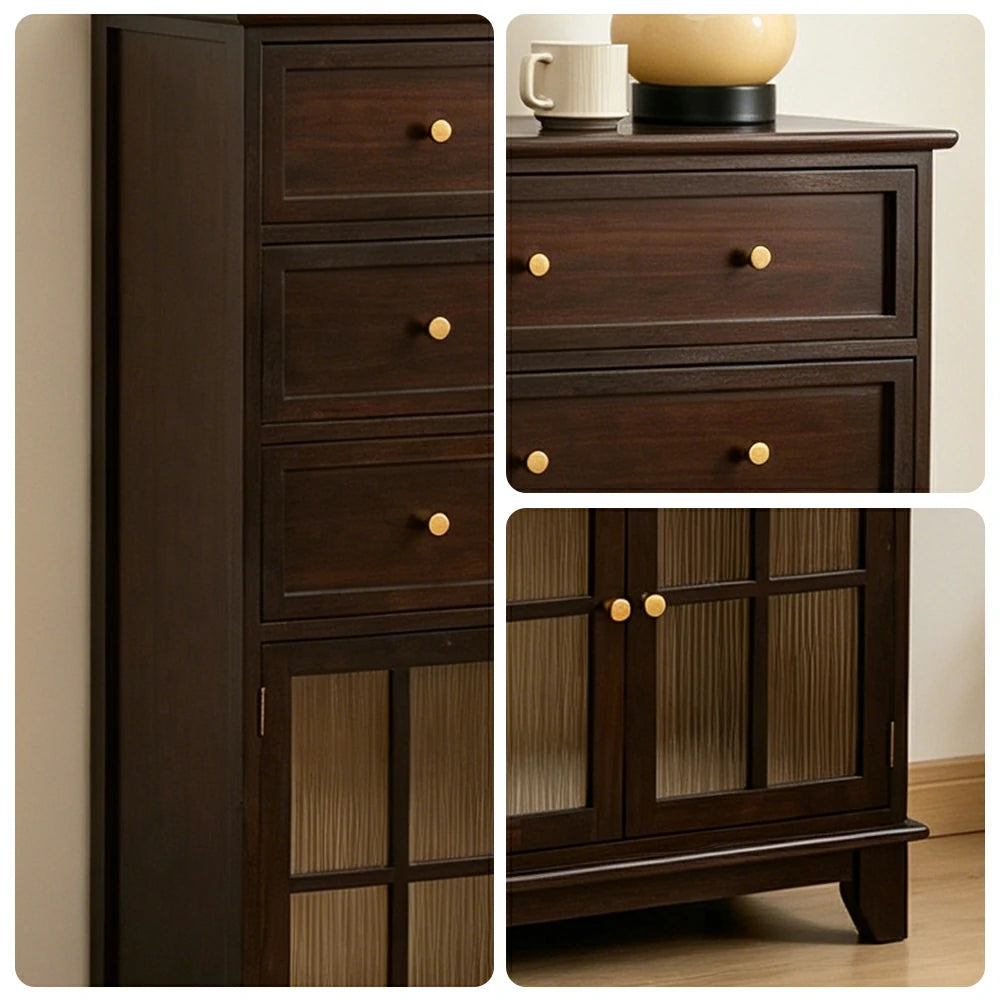 LIVARA Solid Wood Multi-Layer Storage Cabinet with Drawers and Fluted Glass Doors for Living Room Dining Entryway - Walnut