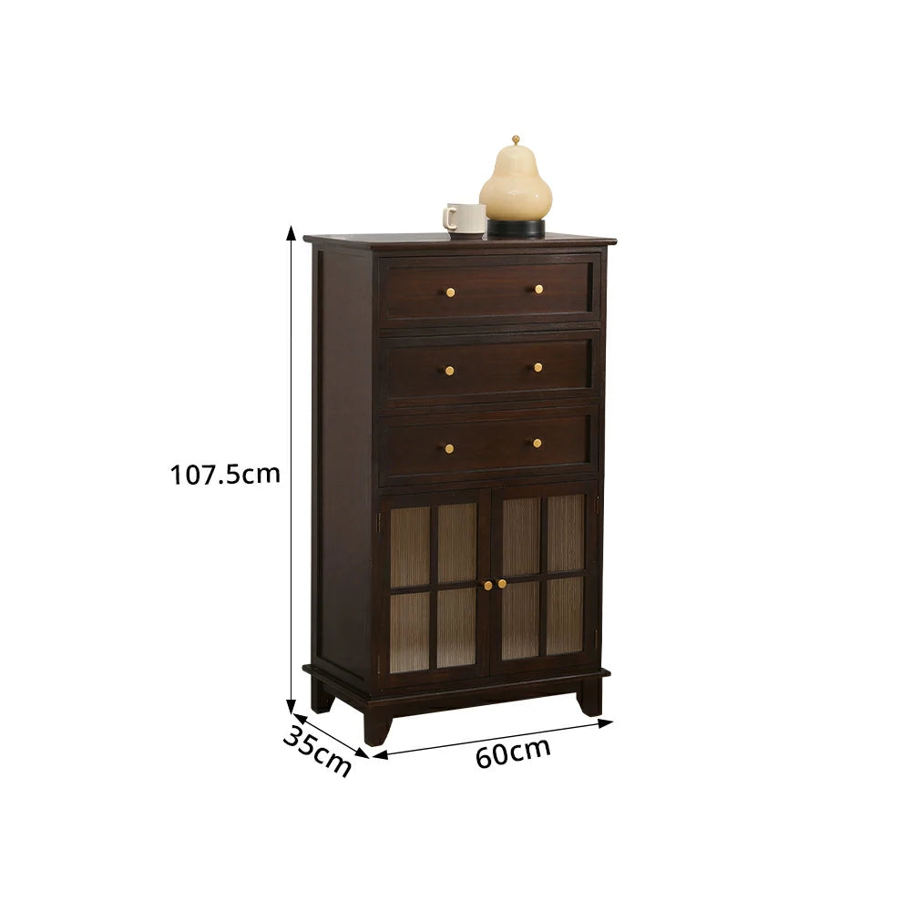 LIVARA Solid Wood Multi-Layer Storage Cabinet with Drawers and Fluted Glass Doors for Living Room Dining Entryway - Walnut