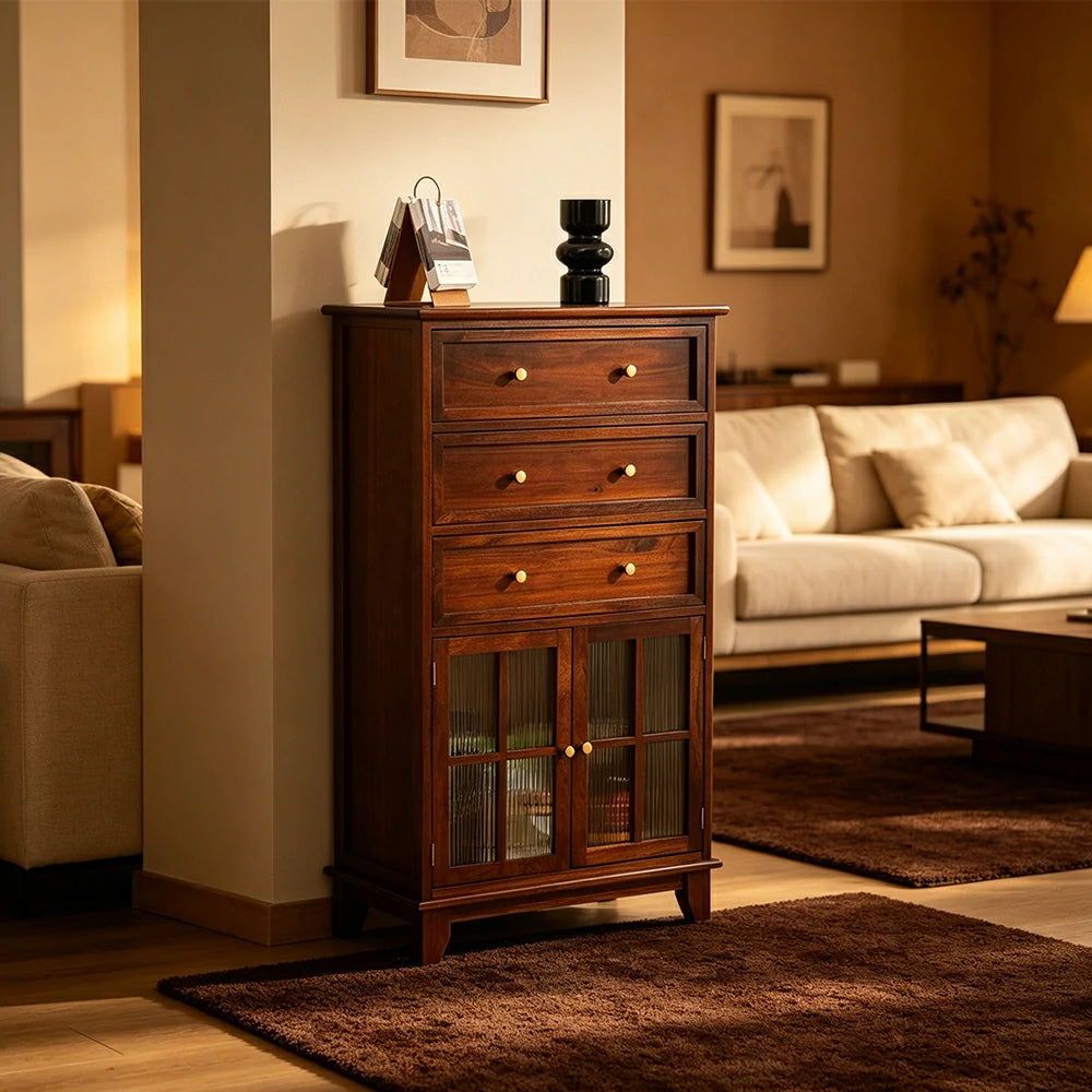 LIVARA Solid Wood Multi-Layer Storage Cabinet with Drawers and Fluted Glass Doors for Living Room Dining Entryway - Brown