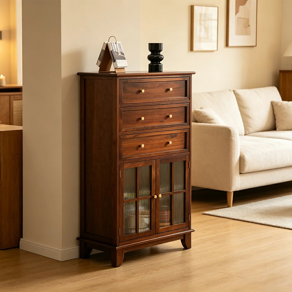 LIVARA Solid Wood Multi-Layer Storage Cabinet with Drawers and Fluted Glass Doors for Living Room Dining Entryway - Brown