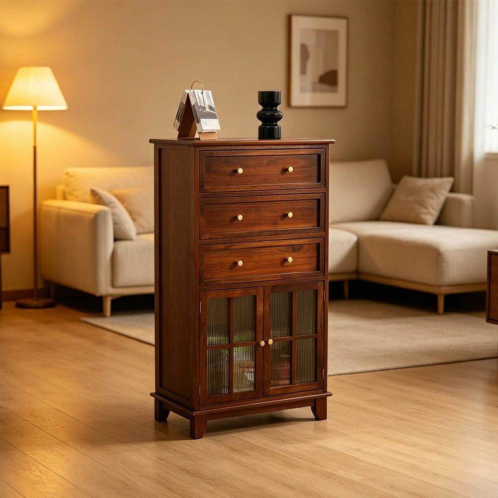 LIVARA Solid Wood Multi-Layer Storage Cabinet with Drawers and Fluted Glass Doors for Living Room Dining Entryway - Brown