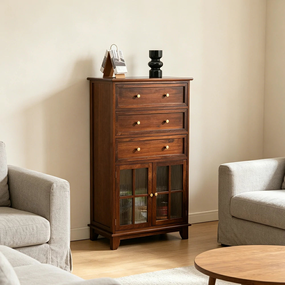 LIVARA Solid Wood Multi-Layer Storage Cabinet with Drawers and Fluted Glass Doors for Living Room Dining Entryway - Brown