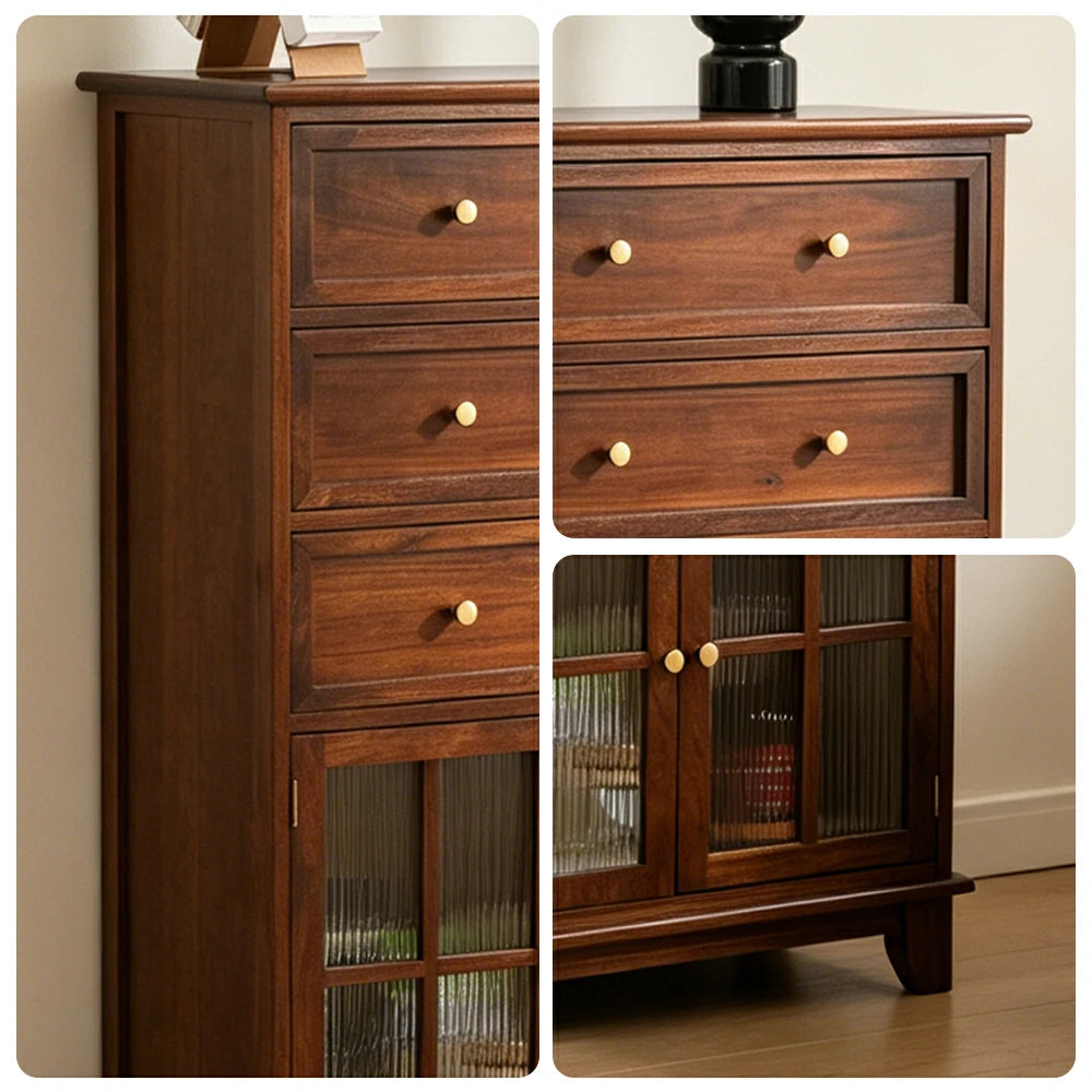 LIVARA Solid Wood Multi-Layer Storage Cabinet with Drawers and Fluted Glass Doors for Living Room Dining Entryway - Brown