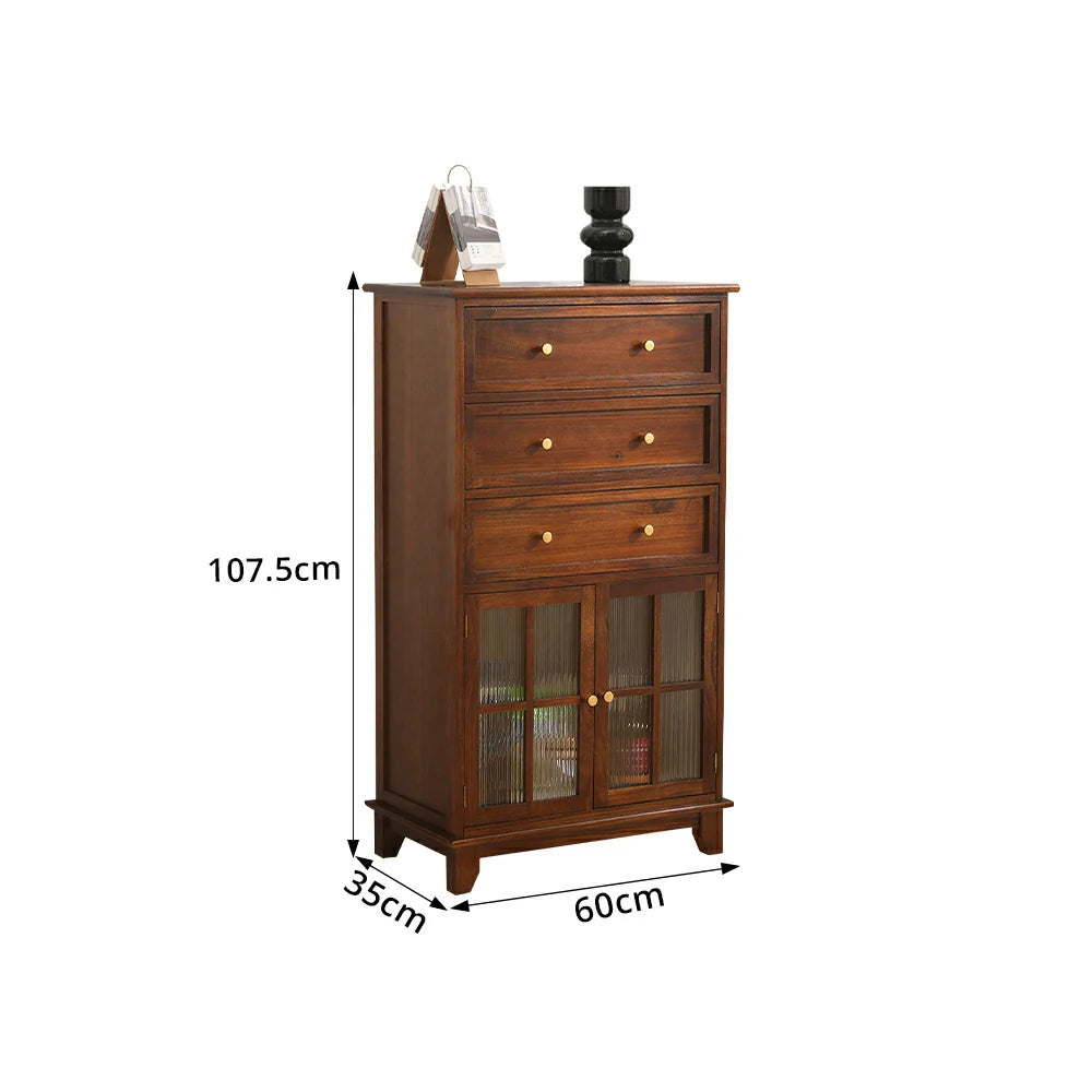 LIVARA Solid Wood Multi-Layer Storage Cabinet with Drawers and Fluted Glass Doors for Living Room Dining Entryway - Brown