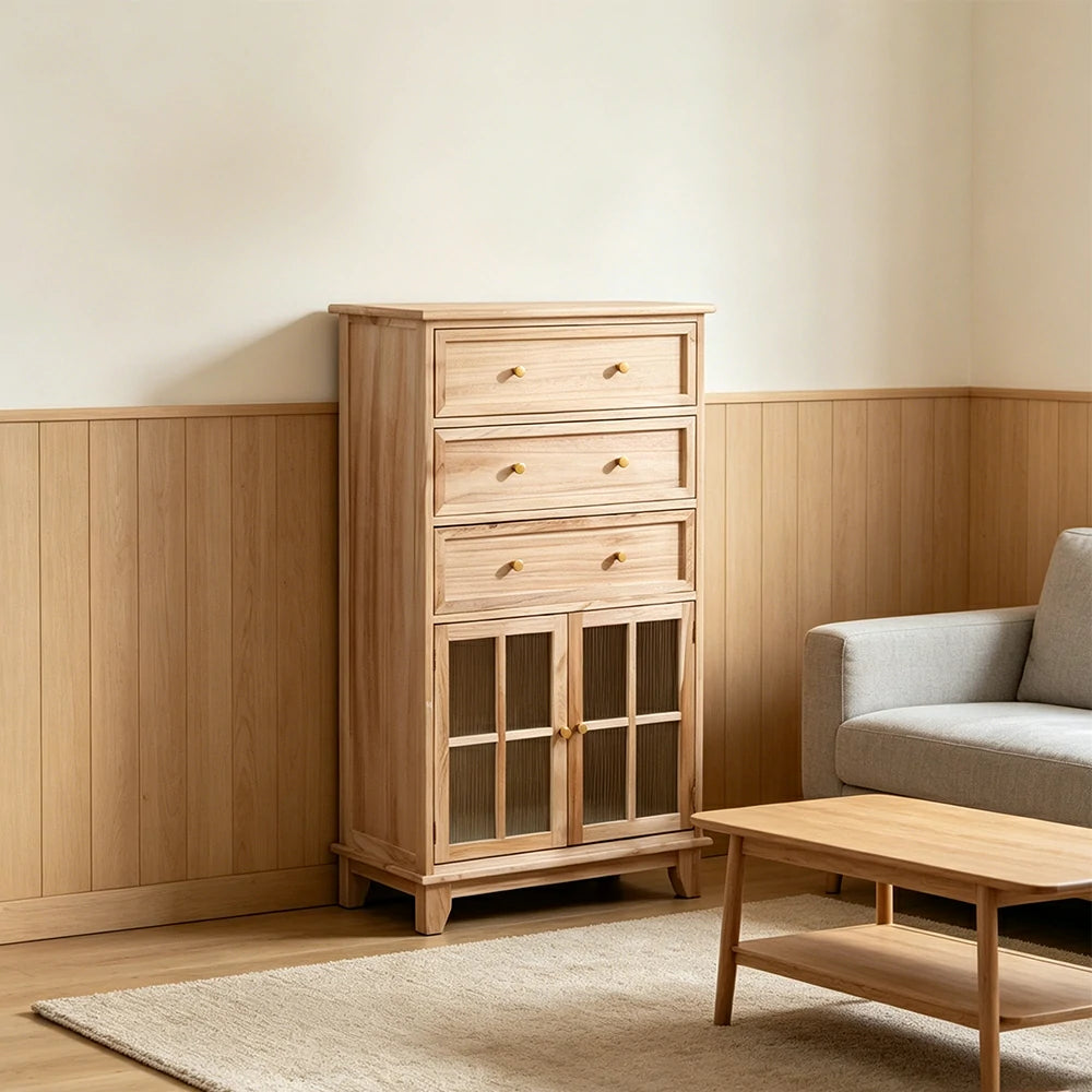 LIVARA Solid Wood Multi-Layer Storage Cabinet with Drawers and Fluted Glass Doors for Living Room Dining Entryway - Wood