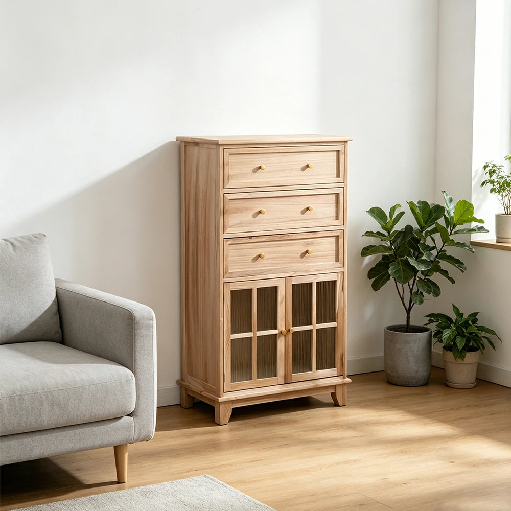 LIVARA Solid Wood Multi-Layer Storage Cabinet with Drawers and Fluted Glass Doors for Living Room Dining Entryway - Wood