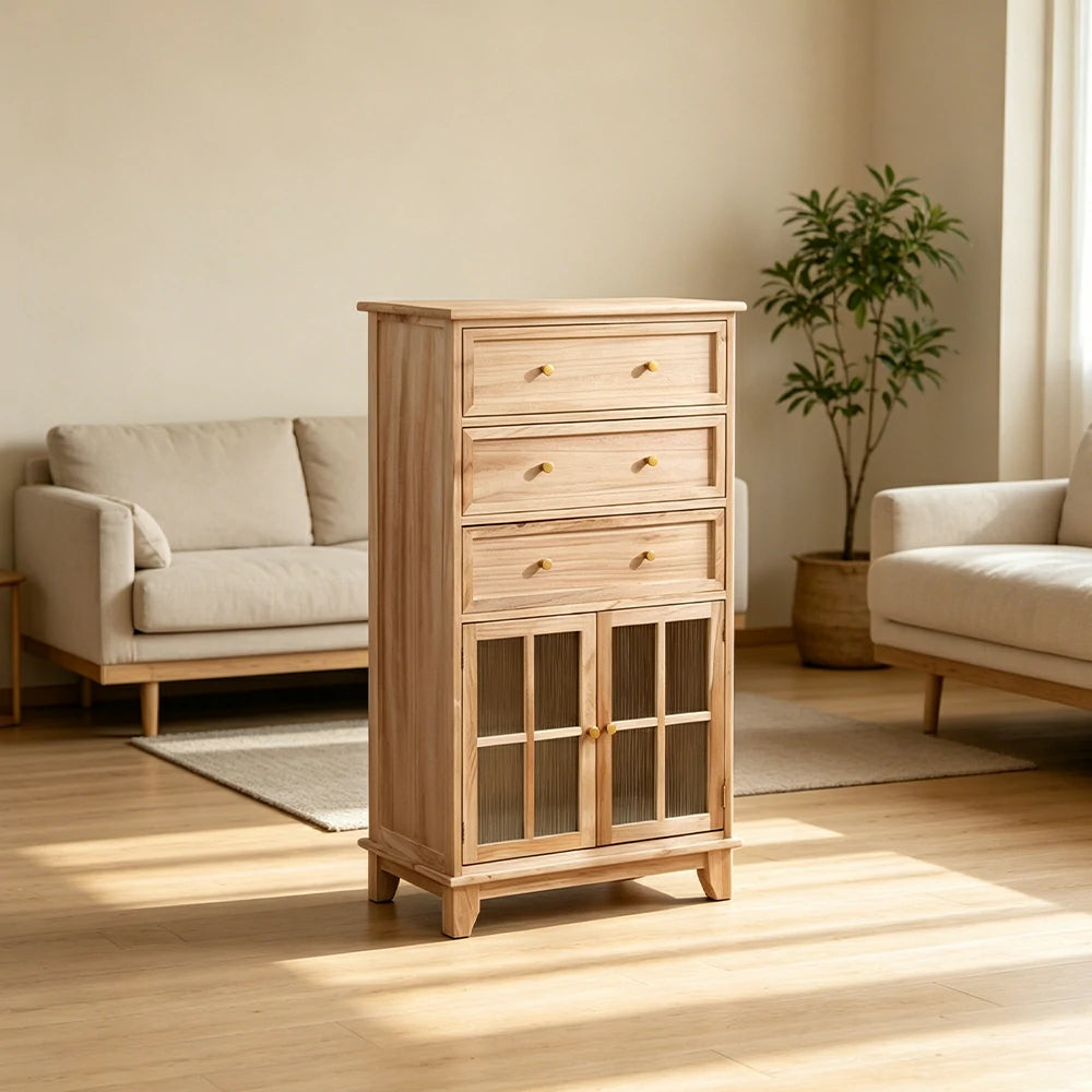LIVARA Solid Wood Multi-Layer Storage Cabinet with Drawers and Fluted Glass Doors for Living Room Dining Entryway - Wood