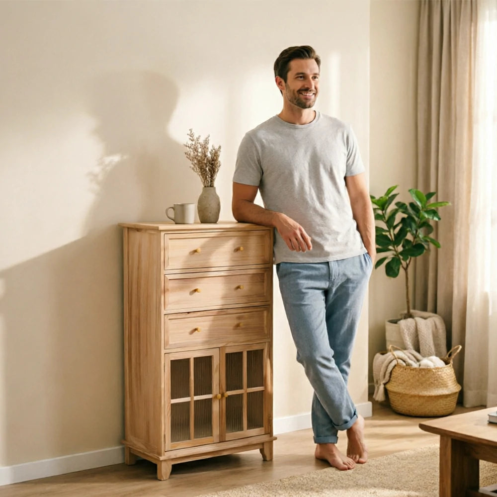 LIVARA Solid Wood Multi-Layer Storage Cabinet with Drawers and Fluted Glass Doors for Living Room Dining Entryway - Wood