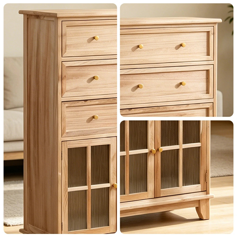 LIVARA Solid Wood Multi-Layer Storage Cabinet with Drawers and Fluted Glass Doors for Living Room Dining Entryway - Wood