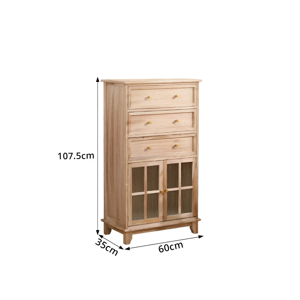 LIVARA Solid Wood Multi-Layer Storage Cabinet with Drawers and Fluted Glass Doors for Living Room Dining Entryway - Wood