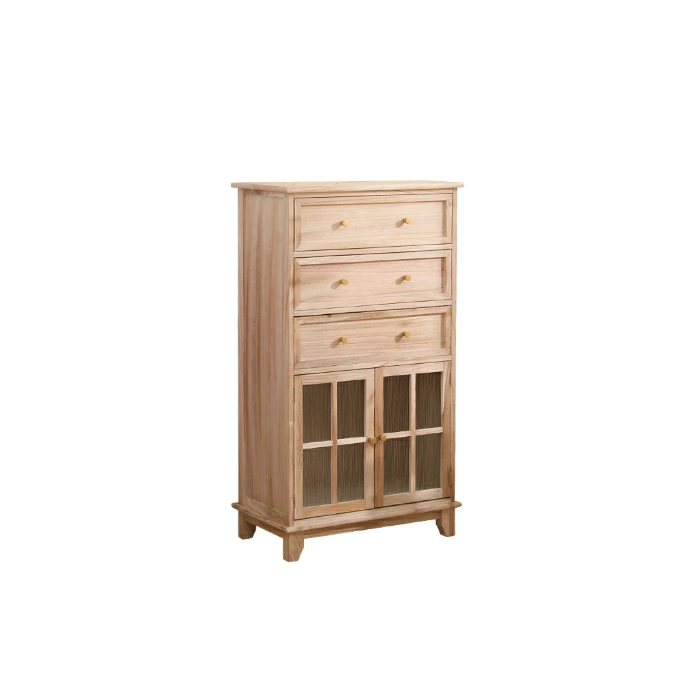 LIVARA Solid Wood Multi-Layer Storage Cabinet with Drawers and Fluted Glass Doors for Living Room Dining Entryway - Wood