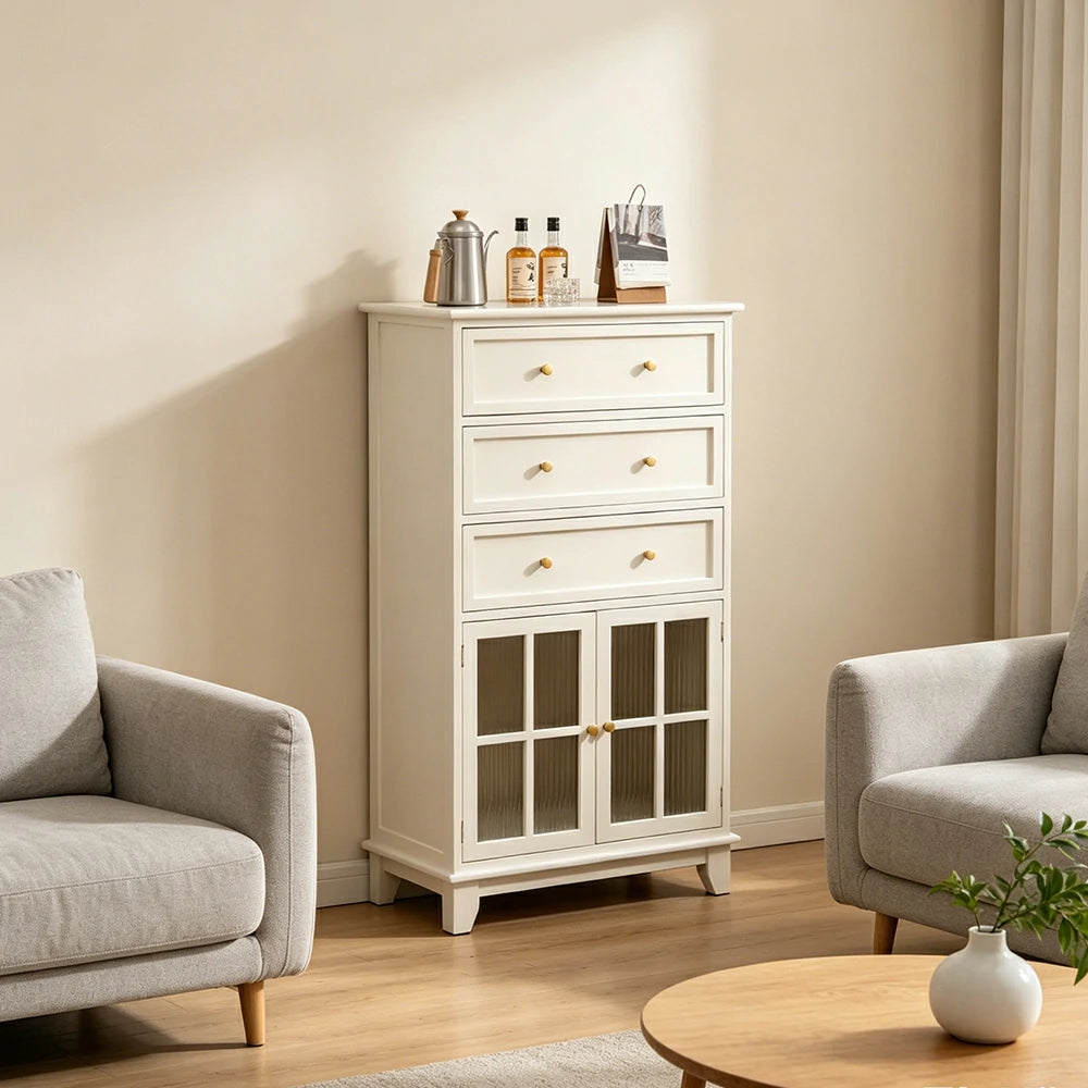 LIVARA Solid Wood Multi-Layer Storage Cabinet with Drawers and Fluted Glass Doors for Living Room Dining Entryway - White