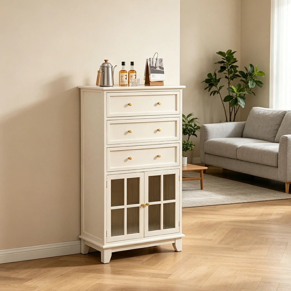 LIVARA Solid Wood Multi-Layer Storage Cabinet with Drawers and Fluted Glass Doors for Living Room Dining Entryway - White