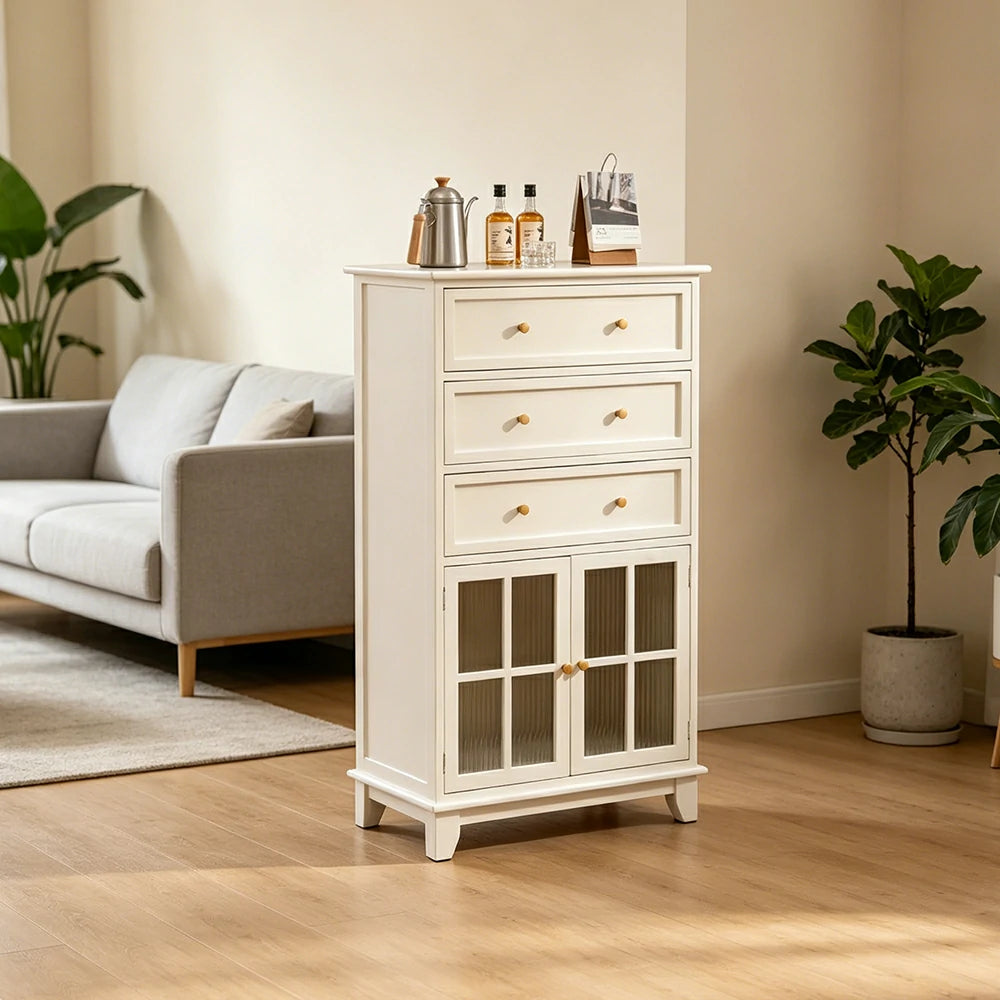 LIVARA Solid Wood Multi-Layer Storage Cabinet with Drawers and Fluted Glass Doors for Living Room Dining Entryway - White
