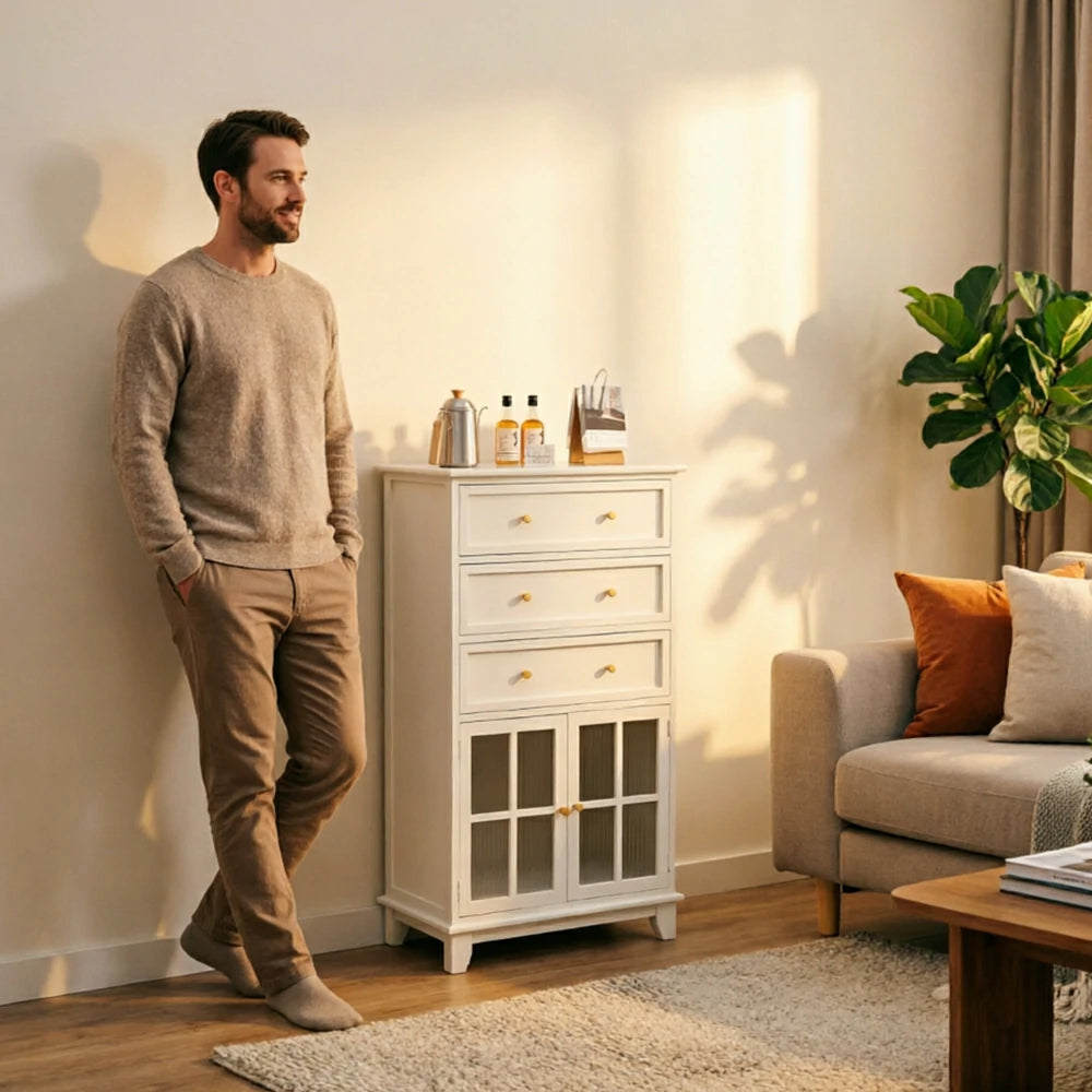 LIVARA Solid Wood Multi-Layer Storage Cabinet with Drawers and Fluted Glass Doors for Living Room Dining Entryway - White