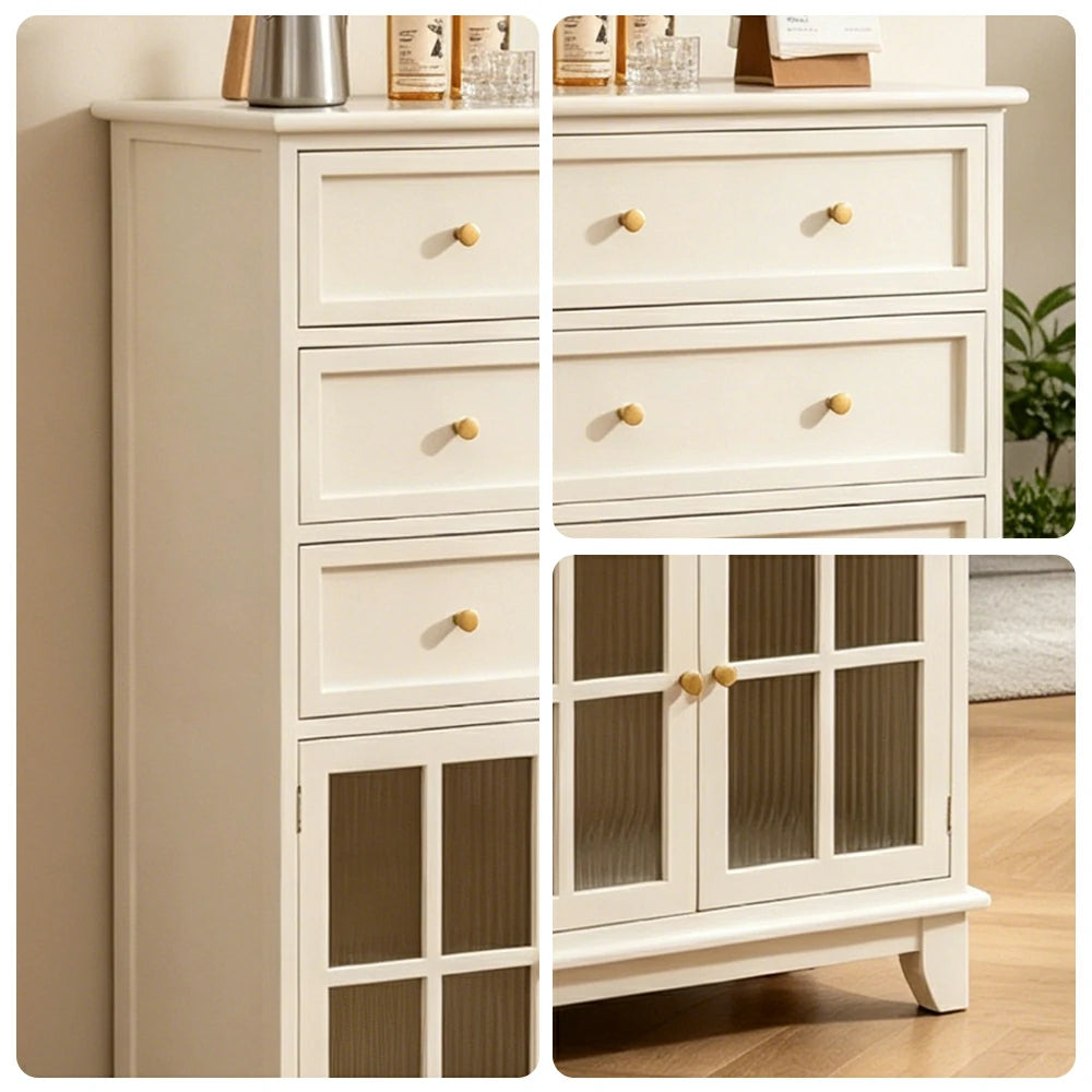 LIVARA Solid Wood Multi-Layer Storage Cabinet with Drawers and Fluted Glass Doors for Living Room Dining Entryway - White