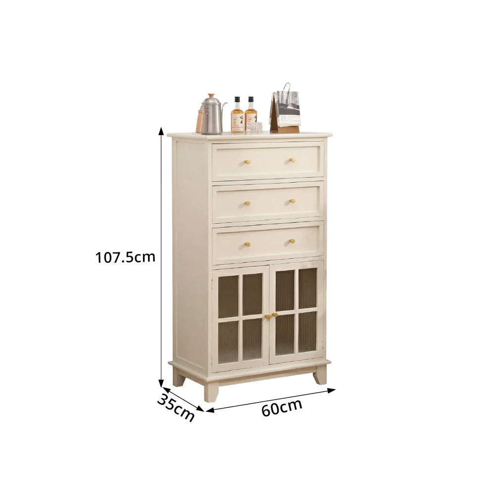LIVARA Solid Wood Multi-Layer Storage Cabinet with Drawers and Fluted Glass Doors for Living Room Dining Entryway - White