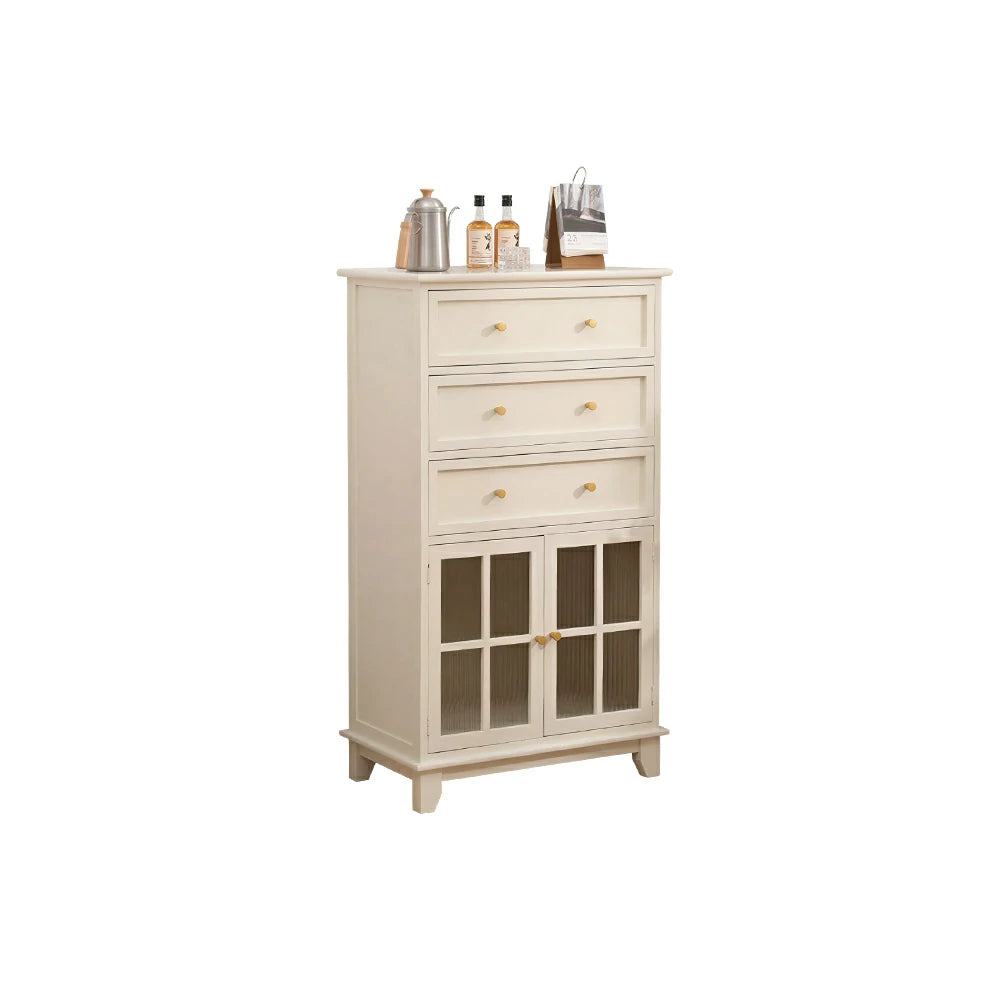 LIVARA Solid Wood Multi-Layer Storage Cabinet with Drawers and Fluted Glass Doors for Living Room Dining Entryway - White