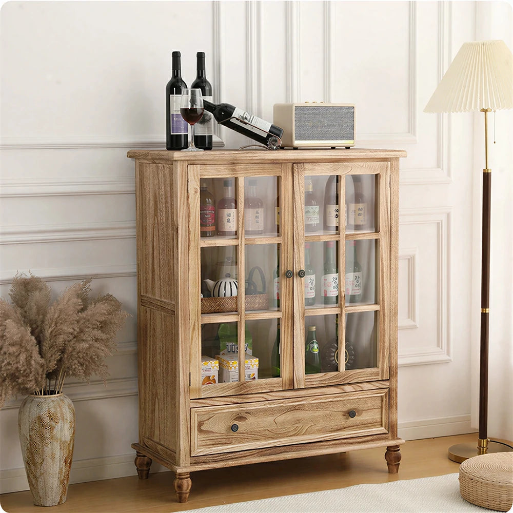 LIVARA Solid Wood Storage Cabinet with Fluted Glass Double Doors for Living Room Dining Room Kitchen - Wood