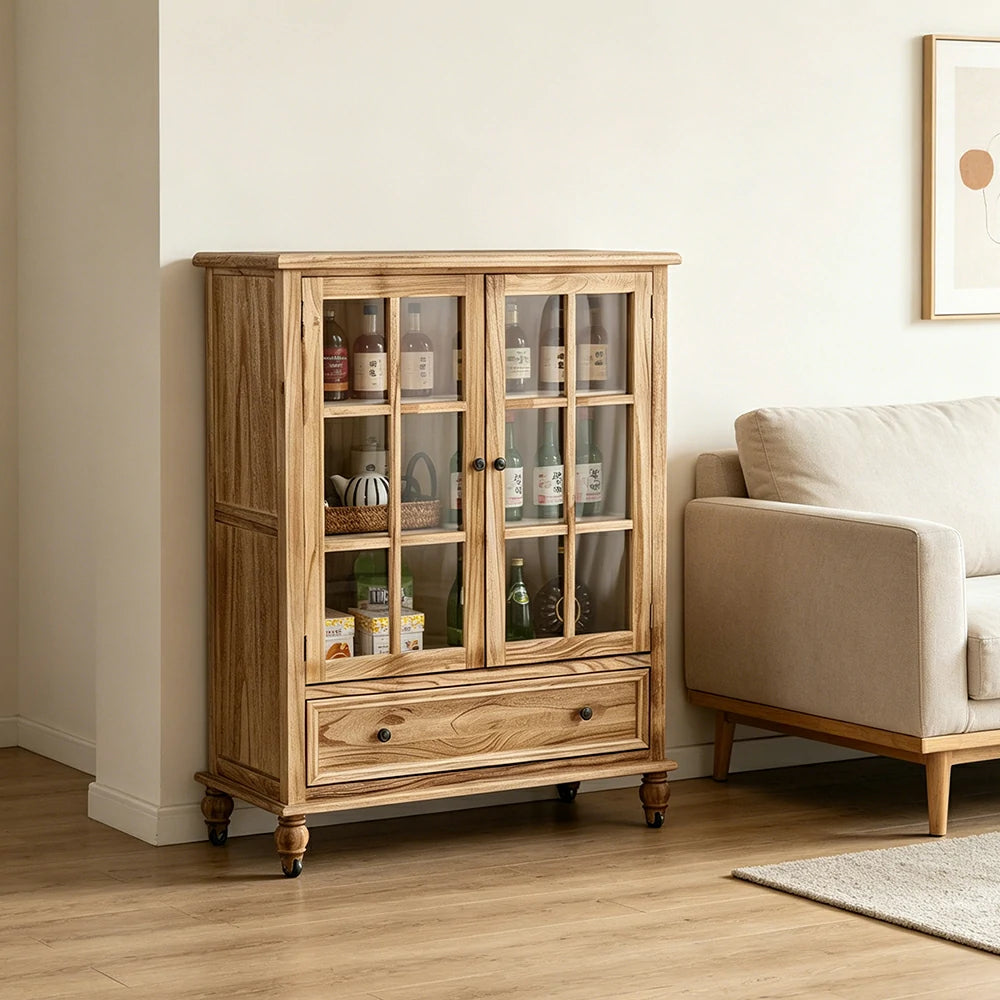 LIVARA Solid Wood Storage Cabinet with Fluted Glass Double Doors for Living Room Dining Room Kitchen - Wood
