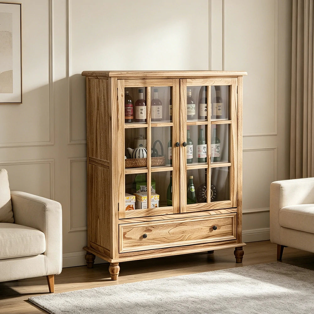 LIVARA Solid Wood Storage Cabinet with Fluted Glass Double Doors for Living Room Dining Room Kitchen - Wood
