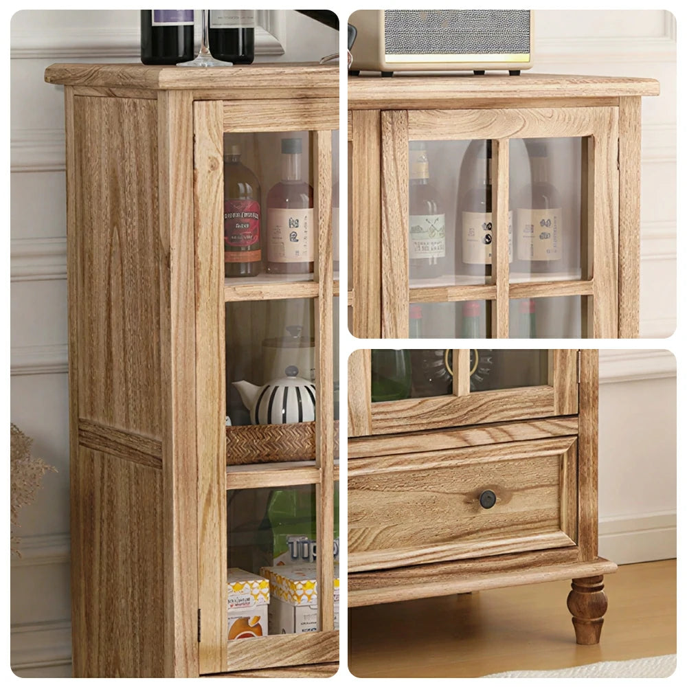 LIVARA Solid Wood Storage Cabinet with Fluted Glass Double Doors for Living Room Dining Room Kitchen - Wood