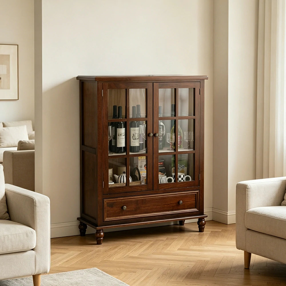 LIVARA Solid Wood Storage Cabinet with Fluted Glass Double Doors for Living Room Dining Room Kitchen - Walnut