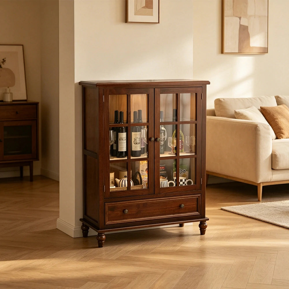LIVARA Solid Wood Storage Cabinet with Fluted Glass Double Doors for Living Room Dining Room Kitchen - Walnut