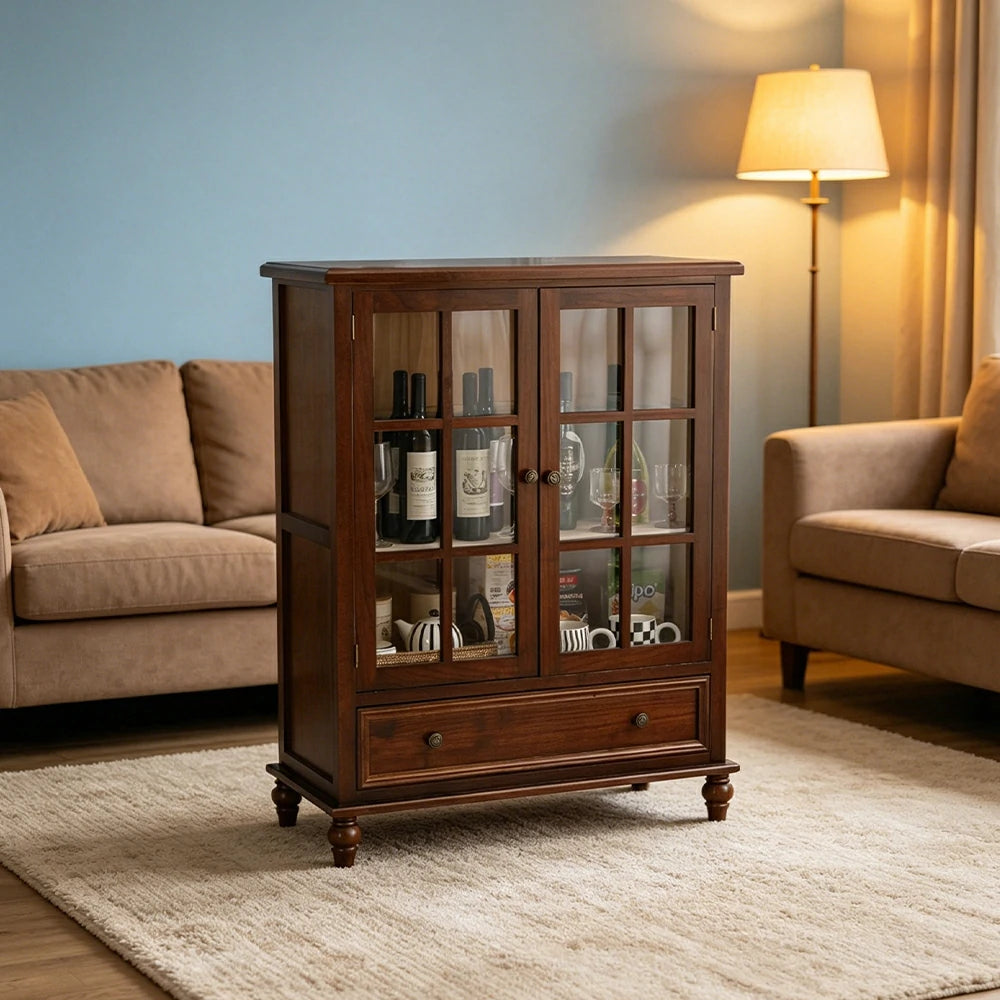 LIVARA Solid Wood Storage Cabinet with Fluted Glass Double Doors for Living Room Dining Room Kitchen - Walnut