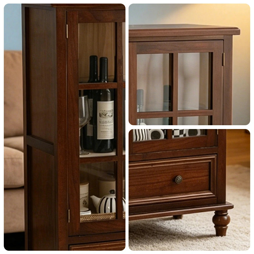 LIVARA Solid Wood Storage Cabinet with Fluted Glass Double Doors for Living Room Dining Room Kitchen - Walnut