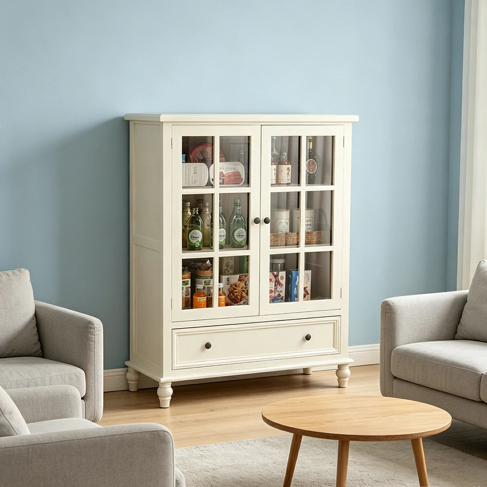 LIVARA Solid Wood Storage Cabinet with Fluted Glass Double Doors for Living Room Dining Room Kitchen - White