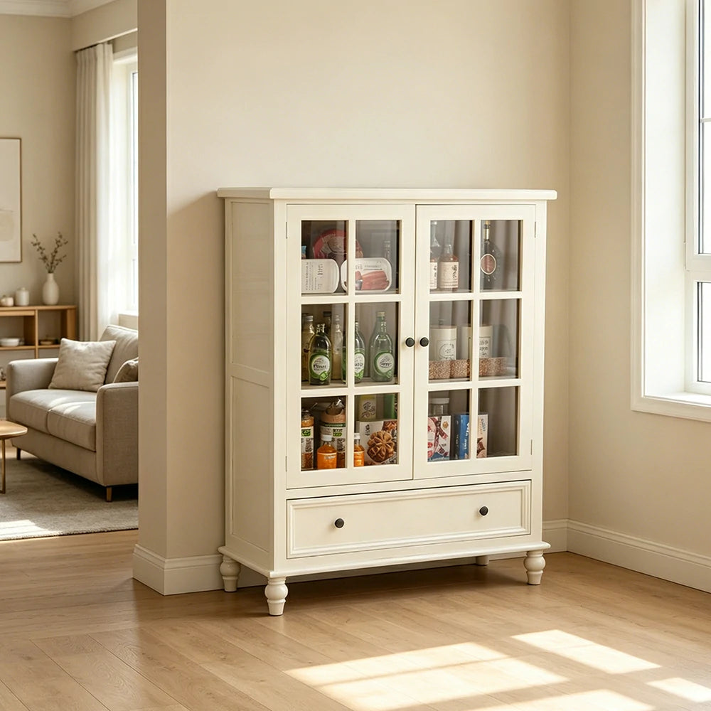LIVARA Solid Wood Storage Cabinet with Fluted Glass Double Doors for Living Room Dining Room Kitchen - White