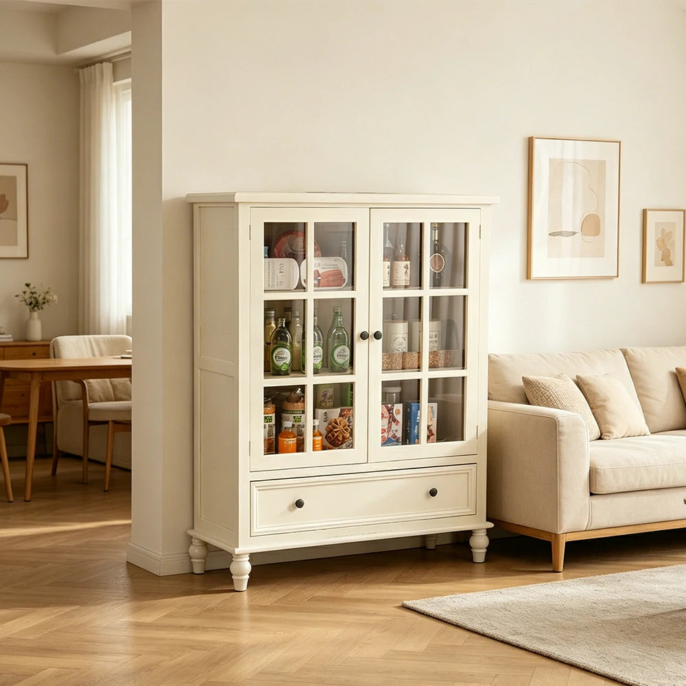 LIVARA Solid Wood Storage Cabinet with Fluted Glass Double Doors for Living Room Dining Room Kitchen - White