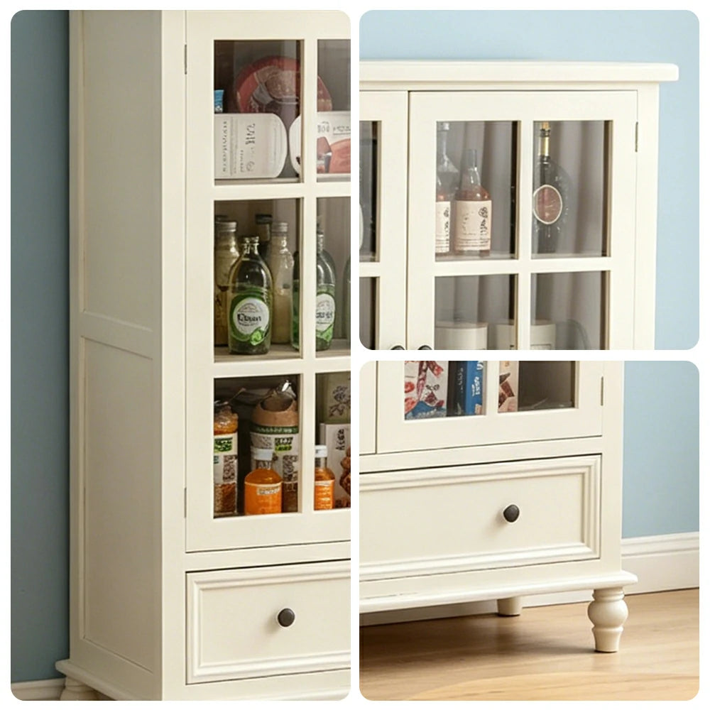 LIVARA Solid Wood Storage Cabinet with Fluted Glass Double Doors for Living Room Dining Room Kitchen - White