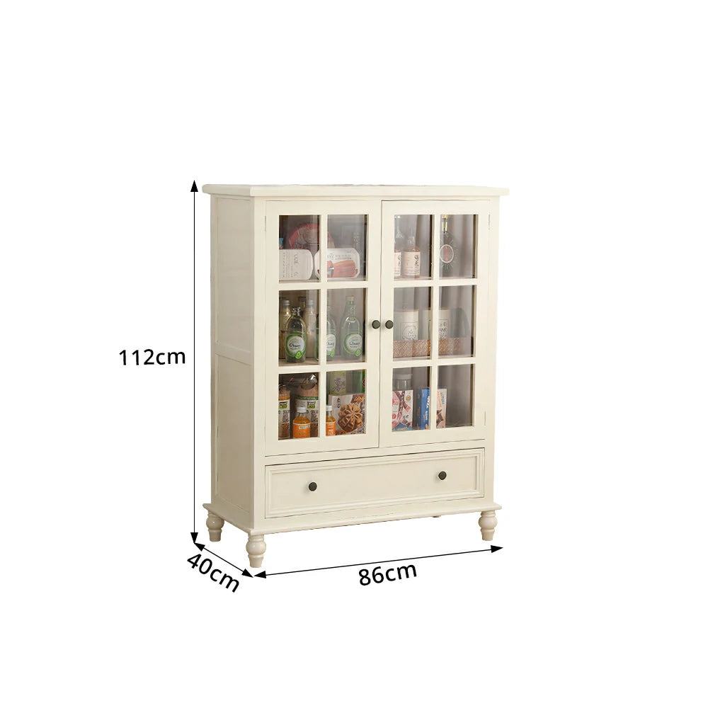 LIVARA Solid Wood Storage Cabinet with Fluted Glass Double Doors for Living Room Dining Room Kitchen - White