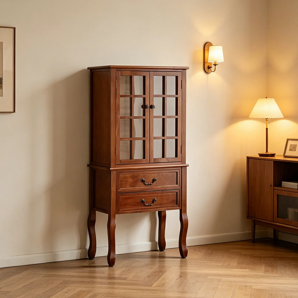 LIVARA Multi-Functional Wine Cabinet with Glass Double Doors and Two Drawers for Living Room Dining Entryway - Brown