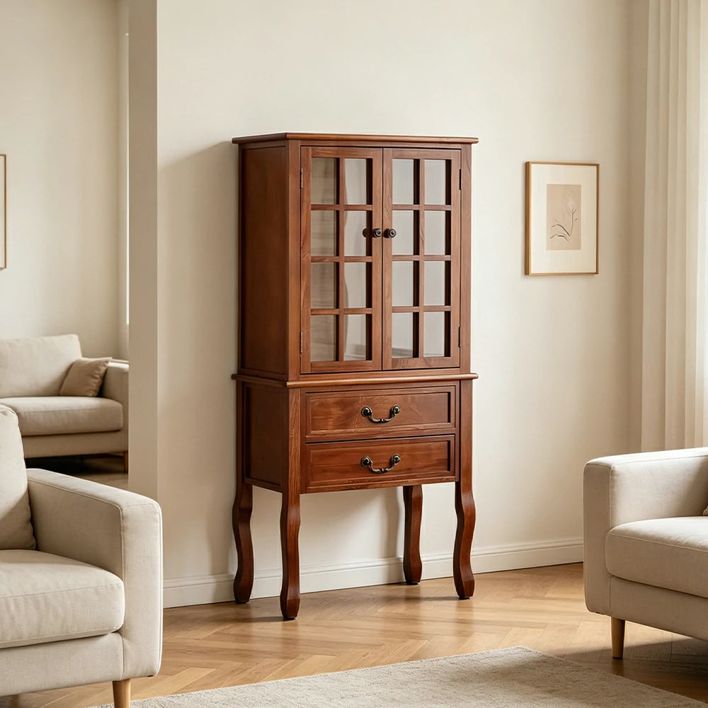 LIVARA Multi-Functional Wine Cabinet with Glass Double Doors and Two Drawers for Living Room Dining Entryway - Brown