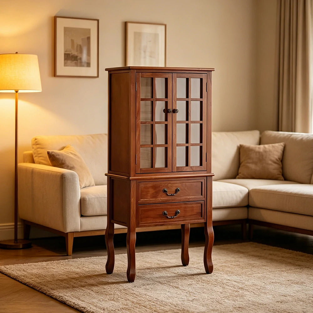 LIVARA Multi-Functional Wine Cabinet with Glass Double Doors and Two Drawers for Living Room Dining Entryway - Brown