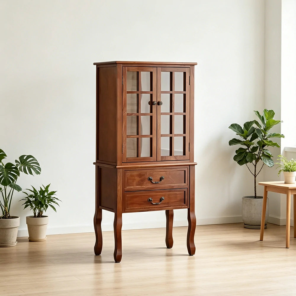 LIVARA Multi-Functional Wine Cabinet with Glass Double Doors and Two Drawers for Living Room Dining Entryway - Brown